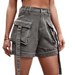 High-waisted charcoal grey denim cargo shorts with large utility pockets and straps
