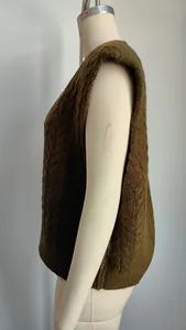 Detailed side view of a brown retro cable-knit sleeveless sweater vest for women