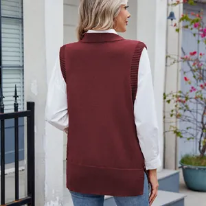 Back view of a stylish burgundy knitted vest sweater featuring a ribbed hem and side slit