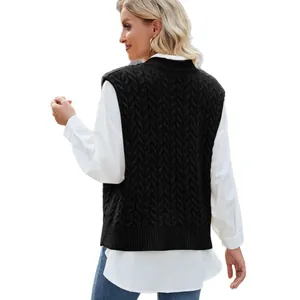 Women's vintage cable-knit sweater vest V-neck sleeveless pullover in black