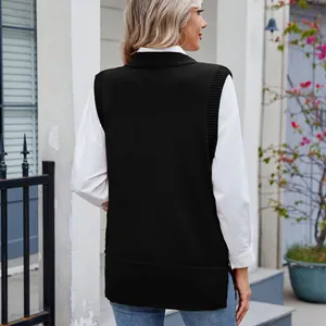 Detail back view of a casual black knitted vest with side slits for women's fashion