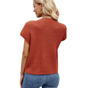 Chaleco de punto de manga corta en color naranja quemado para mujer, vista trasera