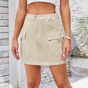 Jupe Mini en Denim Cargo à Taille Haute pour Femmes Jupe Courte Droite Délavée avec Poches Cargo Anneau en D Streetwear