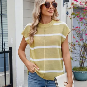 Modischer gelb-weiß gestreifter Kurzarm-Strickpullover für Damen für den Sommer
