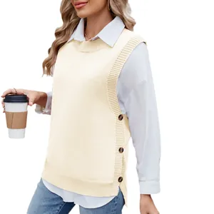 Casual cream-colored knitted vest for women featuring side buttons and stylish slit