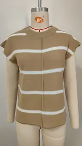 Schicker Damen Strickpullover Weste mit Streifen in Khaki und Weiß mit rundem Halsausschnitt