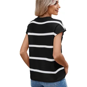 Damen Sommer lässiger schwarz-weiß gestreifter kurzärmeliger Strickpullover Weste