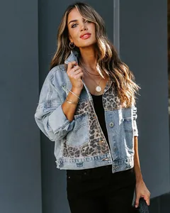 Detailed look at fashionable women's leopard print spliced distressed denim jacket