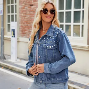 Women Washed Denim Jacket Faux Pearl Beaded Short Slim Fit Jean Jacket Coat Long Sleeve Top Streetwear