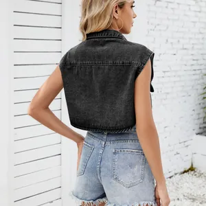 Back view of a trendy cropped black washed denim vest for women, perfect for summer outfits