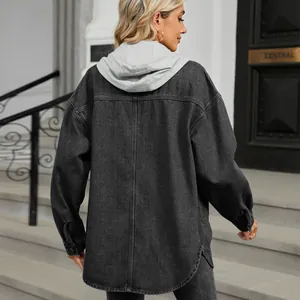 Back view of a women's washed black hooded denim jacket with oversized loose fit