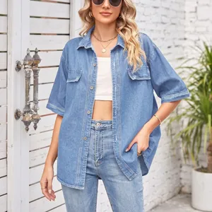Camicia di Denim a Maniche Corte da Donna Casual Monopetto Vestibilità Larga Rever Top in Denim Con Tasche Cargo