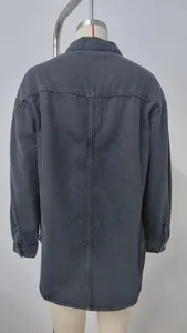 Back view of a washed black loose-fit denim jacket for women with detailed stitching