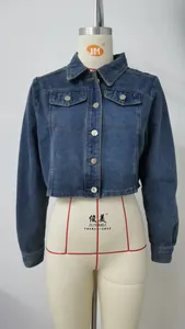 Women's long sleeve blue washed cropped denim jacket with silver buttons and pockets