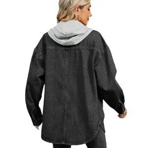 Oversized washed black denim jacket with grey jersey hood for women