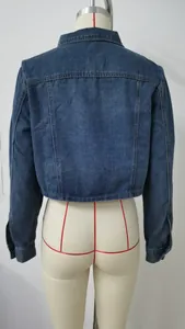 Detailed back view of a stylish cropped washed blue denim jacket for women on mannequin