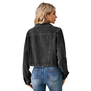 Giacca di denim corta lavata nera alla moda per donna, stile americano casual chic
