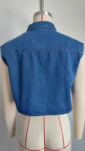 Detailed back view of a women's washed blue denim vest waistcoat with a collar