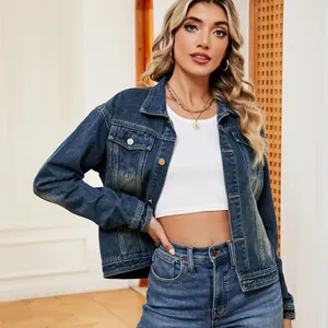 Women's classic washed blue denim jacket featuring long sleeves and button-down style
