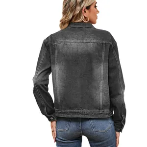 Womens casual washed black denim jacket with long sleeves back view studio shot