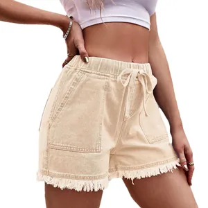 High waist beige denim shorts with drawstring and fringed raw edge for women