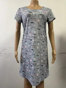 Casual grey short sleeve nightdress featuring charming coffee and mug graphic prints
