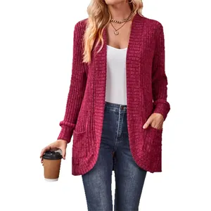 Chaqueta de punto informal para mujer con diseño acanalado en color rojo burdeos