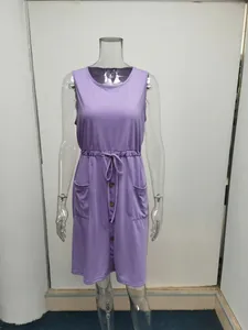 Lavender sleeveless casual dress with drawstring waist and button front detail