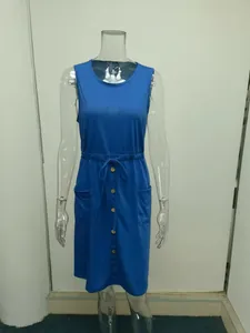 Full view of blue sleeveless tank dress with drawstring waist and decorative buttons