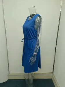 Side profile of a blue sleeveless drawstring dress displayed on a mannequin