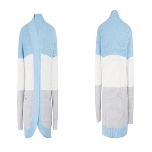 Dettaglio fronte e retro di un cardigan in maglia color-block a maniche lunghe