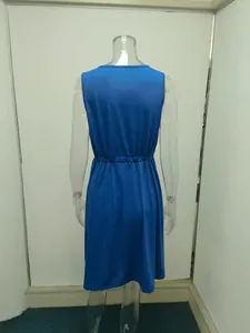 Back view detail of blue sleeveless summer dress on transparent mannequin