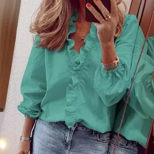 Elegant teal long sleeve ruffle blouse with V-neck detail for women's spring fashion style