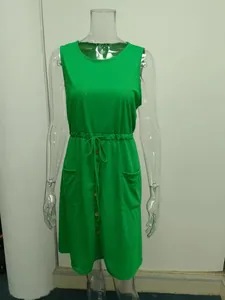 Comfortable casual green sleeveless tank dress with drawstring waist and front pockets
