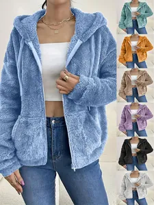 Oversized hooded fuzzy fleece jacket with pockets showing multiple color options