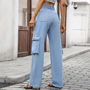 Light wash denim cargo pants with multi-pocket detail, back view in street style setting.