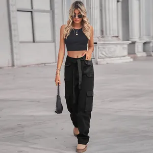 Stylish women's black multi-pocket cargo pants with belted waist for urban street wear