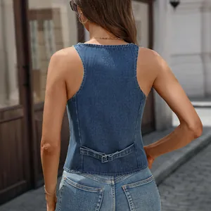Detailed back view of a blue washed denim vest featuring an adjustable buckle strap