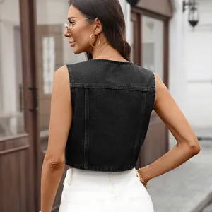 Detailed back view of a stylish black cropped washed denim vest sleeveless jacket for women