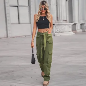 Women's street style olive green multi-pocket cargo pants for outdoor fashion look