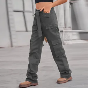 Detail view of dark gray high-waisted cargo pants with multiple buttoned pockets