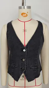 Detailed view of a washed charcoal black denim vest for women on a professional mannequin