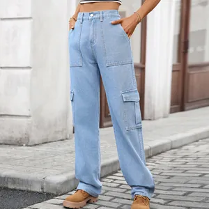 Stylish high-waist light blue washed denim cargo pants with large side pockets for women