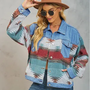 Giacca Jeans Donna Patchwork Stampa Aztec Tribal Giacca Corta Manica Lunga Bottoni Giacca Denim Lavata Per Autunno