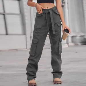 Detailed view of women's dark grey high-waisted multi-pocket cargo pants with belt