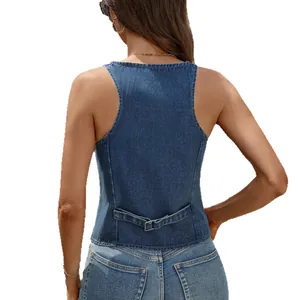 Back view of a stylish blue washed denim vest for women, slim fit with adjustable strap