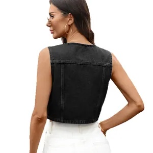 Chic back view of a black washed denim cropped vest with casual round neck style.