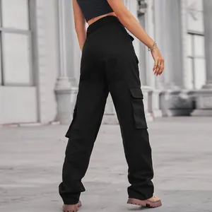 Back view of women's black multi-pocket cargo pants in heavy washed fabric