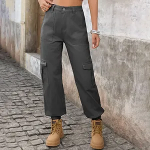 Women's dark grey high-waisted cargo denim pants with multi-pockets and elastic hem.