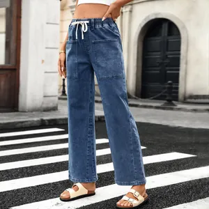 Casual women's high-waisted washed blue denim pants with drawstring waist and pockets